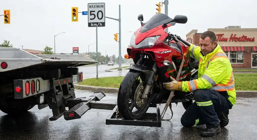 Hamilton motorcycle being safely loaded for transport